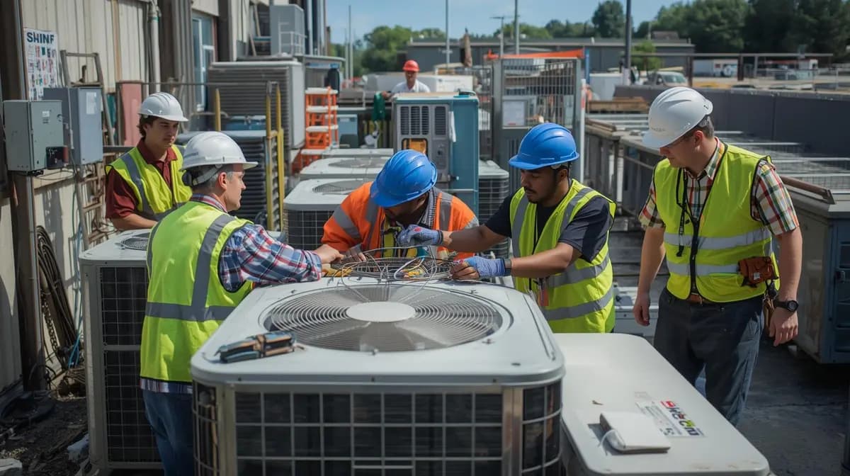 HVAC technician performing air conditioning maintenance service