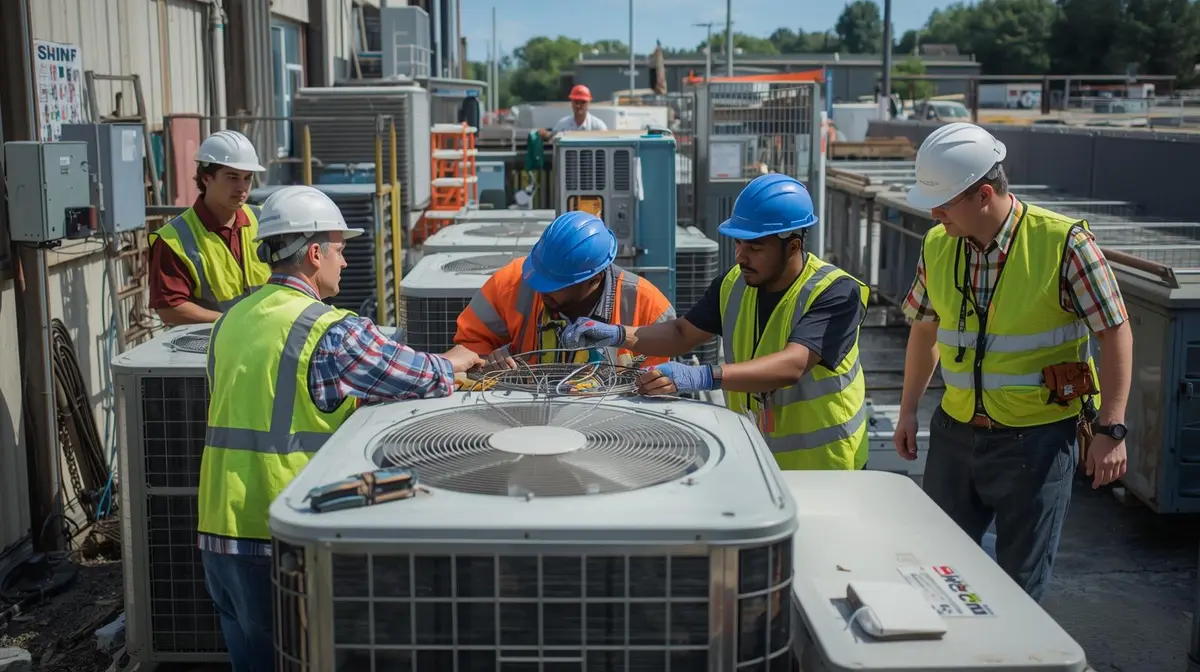 HVAC technician performing air conditioning maintenance service